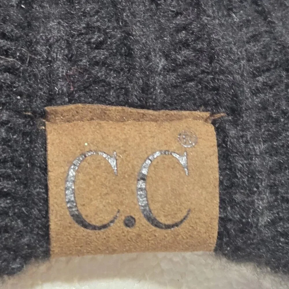 CC Black Knit Beanie with Faux Fur Pom Pom One Size